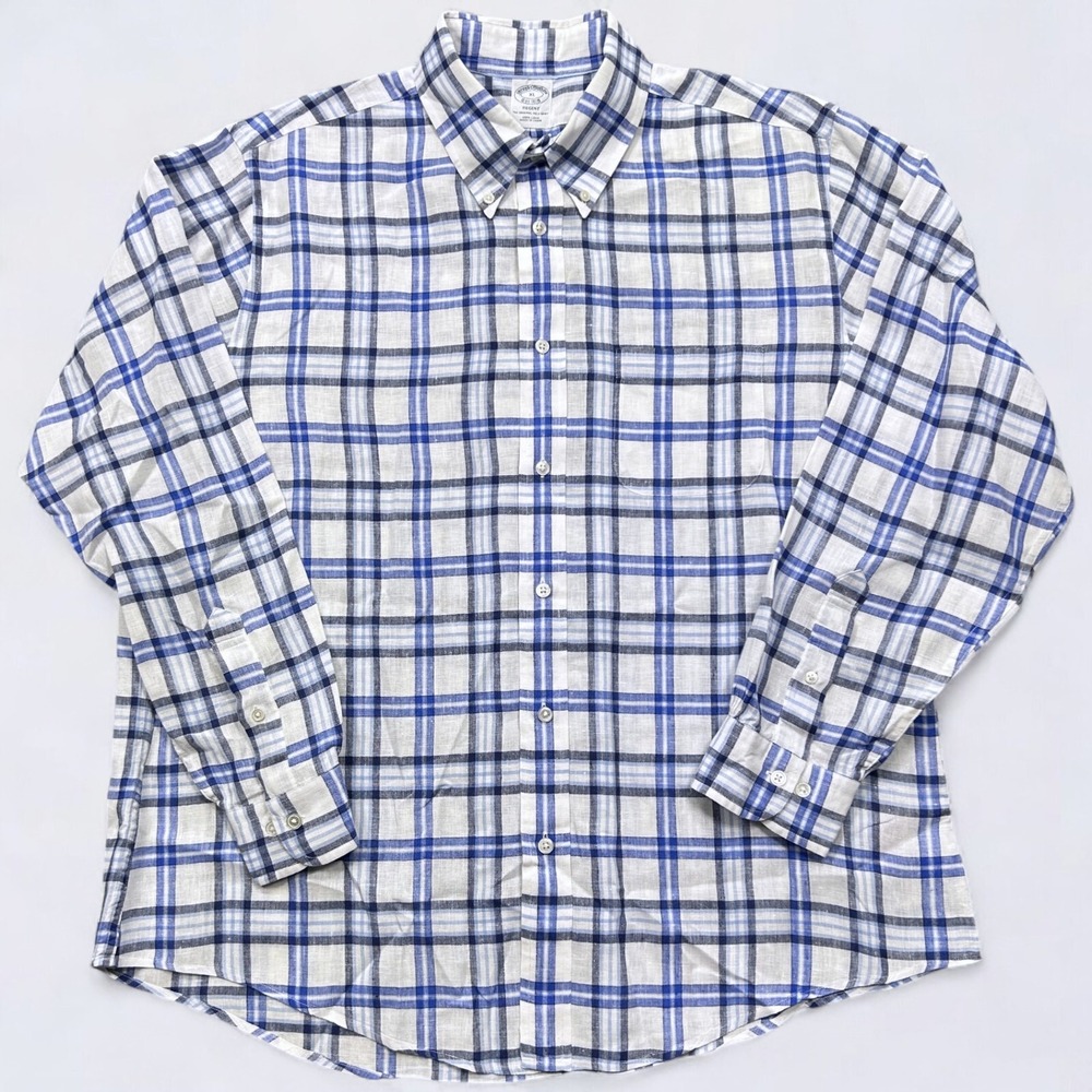 Brooks Brothers Shirt Men's XL Blue White Baird Mcnutt Irish Linen Button Down